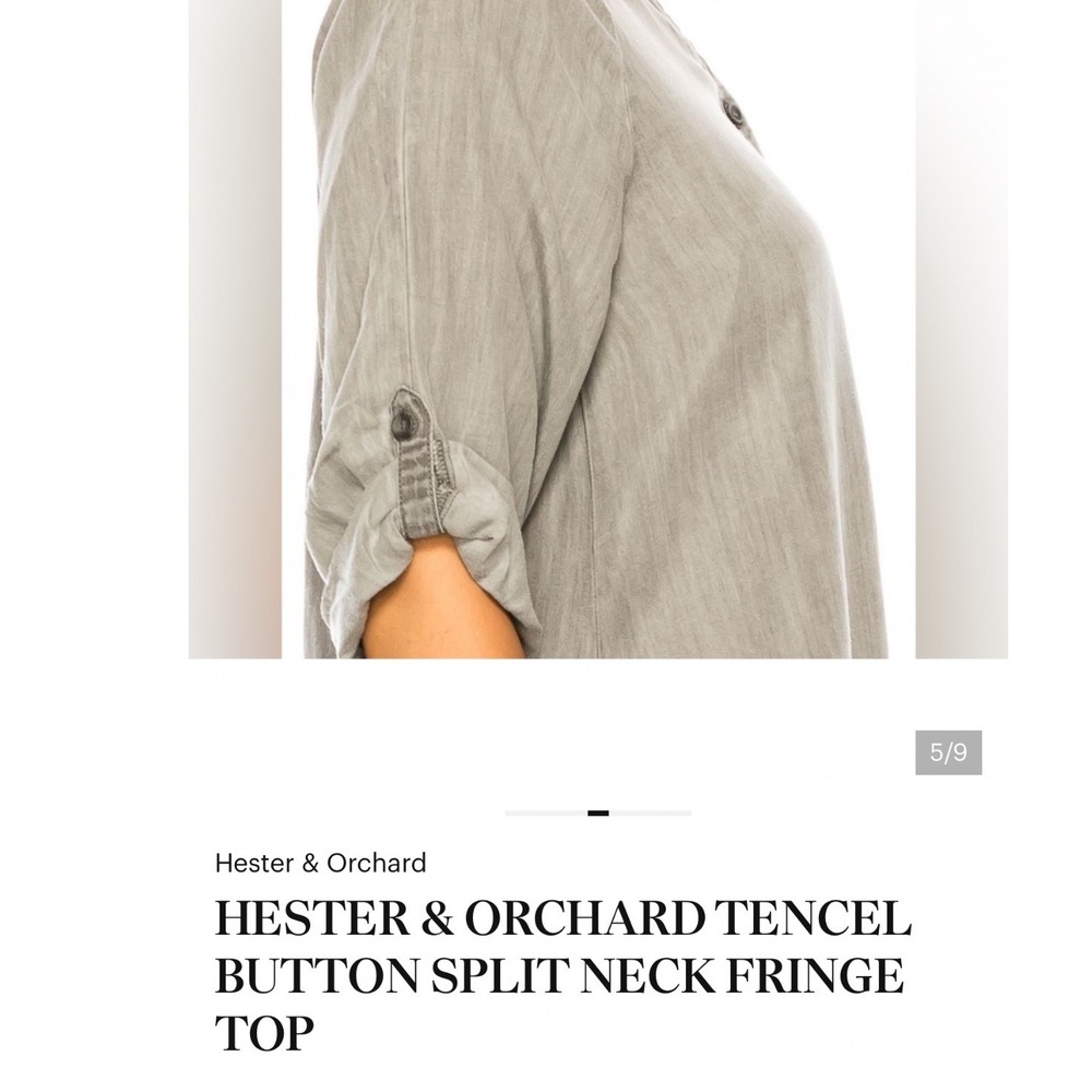 Hester & Orchard Women Medium Gray Tencel Button Split Neck Fringe Sharkbite Top - Picture 4 of 12
